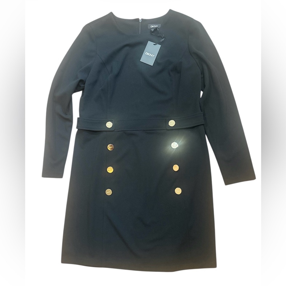 DKNY Black Long-Sleeve Ponte Sheath Dress with Gold Buttons NWT size 14
